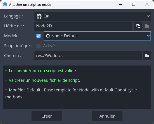 Boîte de dialogue « Attacher un script au nœud », avec le langage C# et le chemin res://world.gd