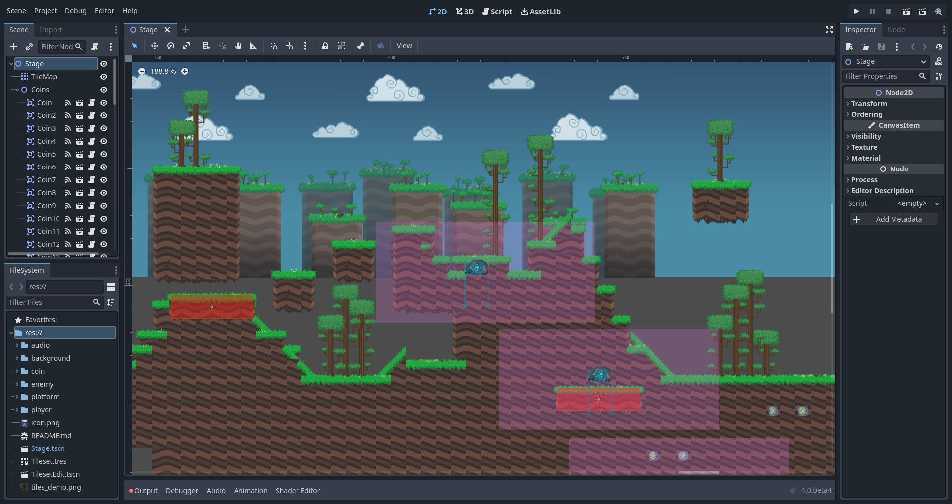 Capture d'écran de l'éditeur Godot en mode 2D avec la hiérarchie de nœuds d'un personnage