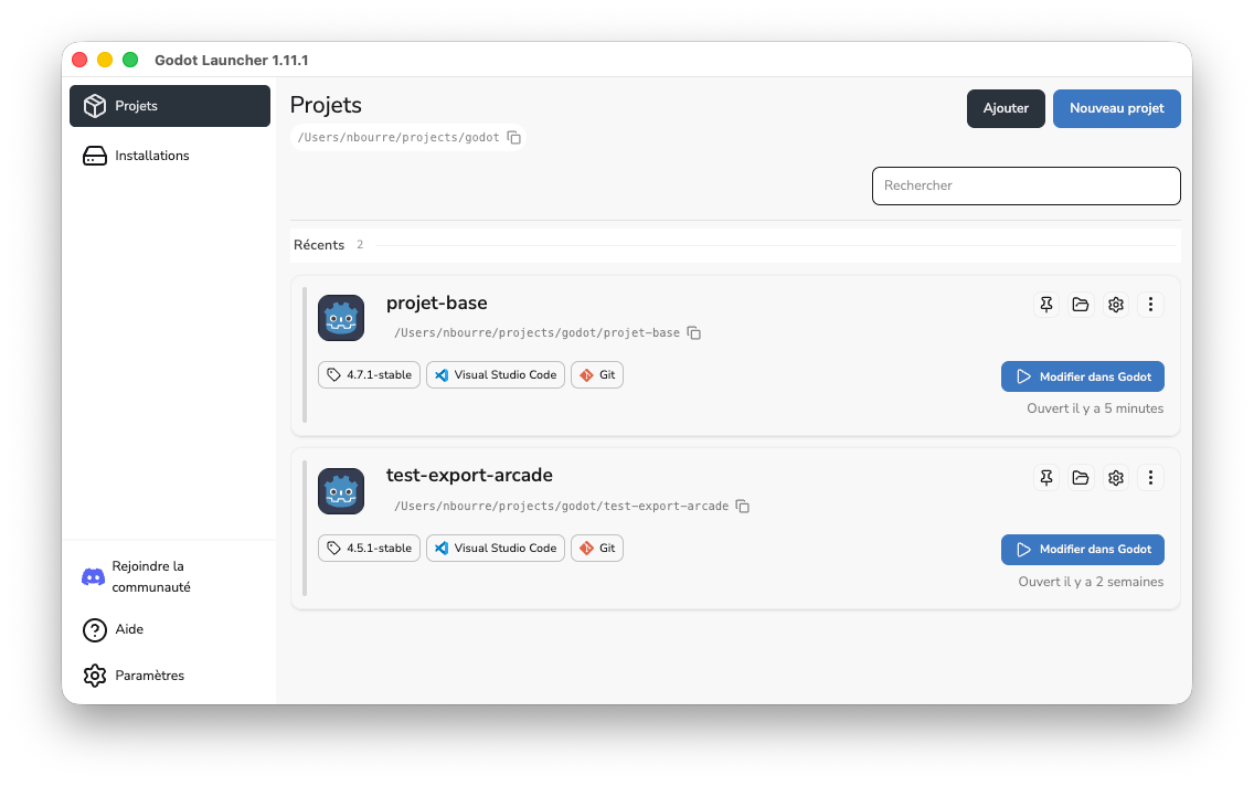 Fenêtre principale du Godot Launcher listant les projets récents