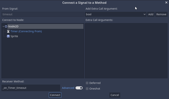 Fenêtre « Connect a Signal to a Method » pour connecter le signal timeout du Timer