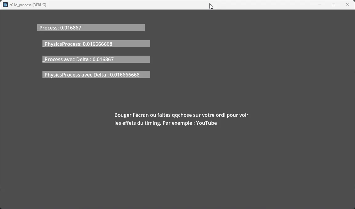 Animation comparant le mouvement obtenu avec _process, _physics_process et une version utilisant delta