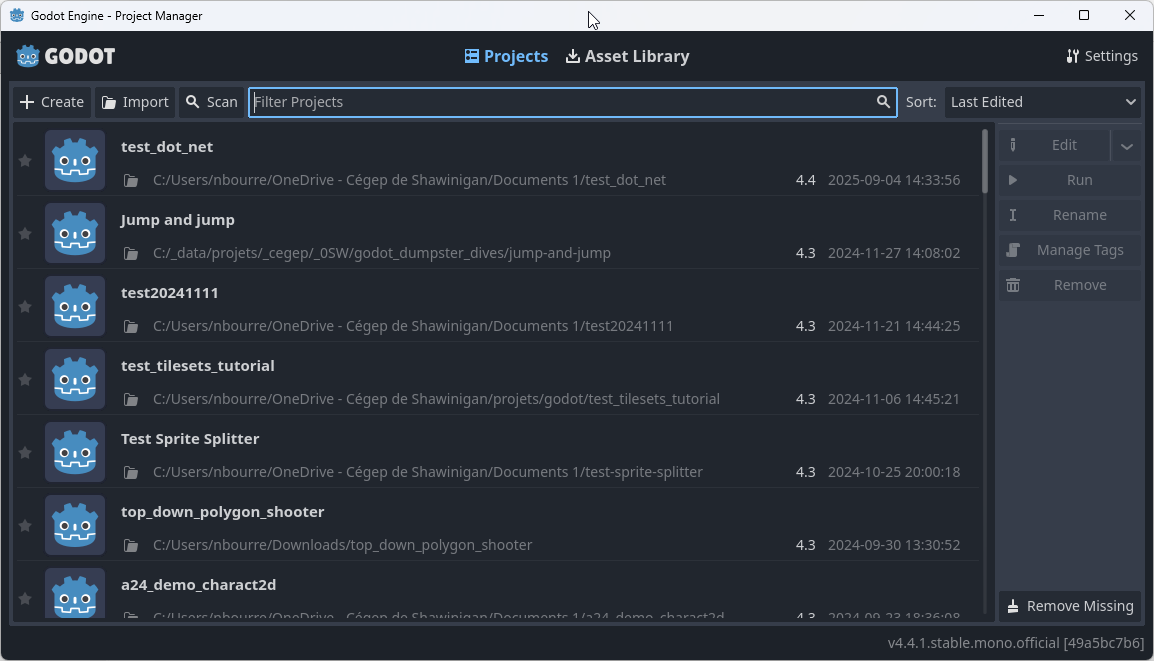 Gestionnaire de projets de Godot, vide au premier démarrage