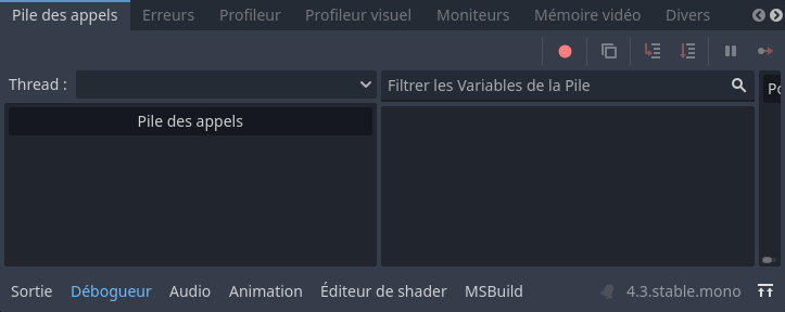 Volet inférieur avec les onglets Sortie, Débogueur, Audio, Animation et Éditeur de shader