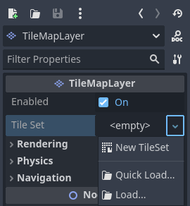 Création d'une nouvelle ressource TileSet dans le nœud TileMapLayer