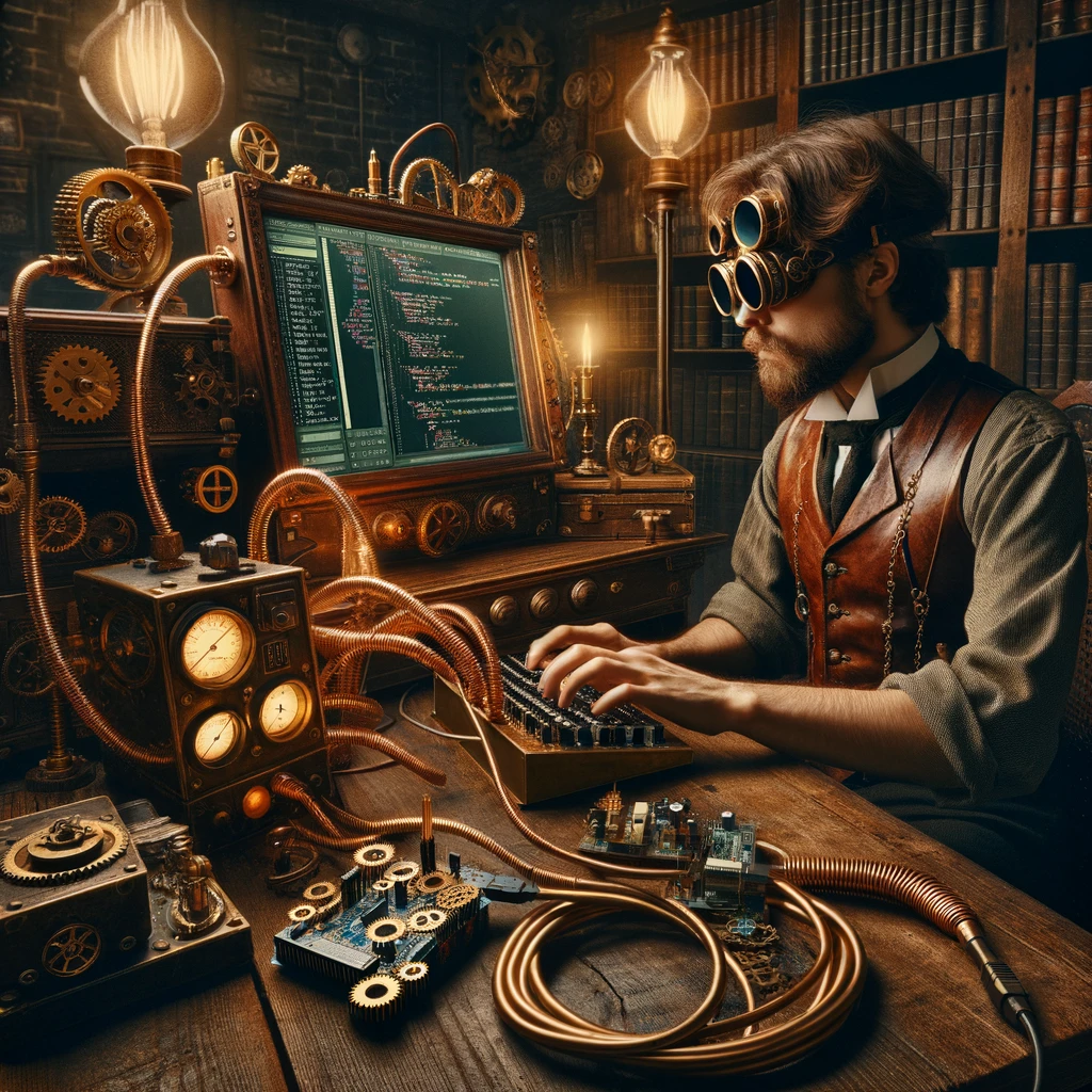 Prompt : Steampunk style, a programmer with a arduino usb connected, screen with object oriented programming diagrams and power supply unit