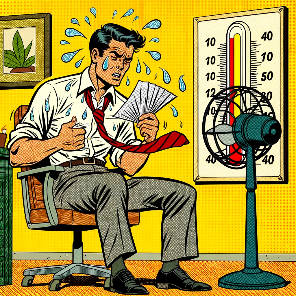 The image features a man in business casual attire - a white shirt with rolled-up sleeves with a fan and a thermometer