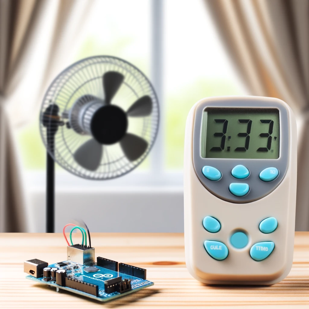 A realistic image of an Arduino board on a wooden table with a small electric fan connected to it. The fan is running, and you can see the motion blur